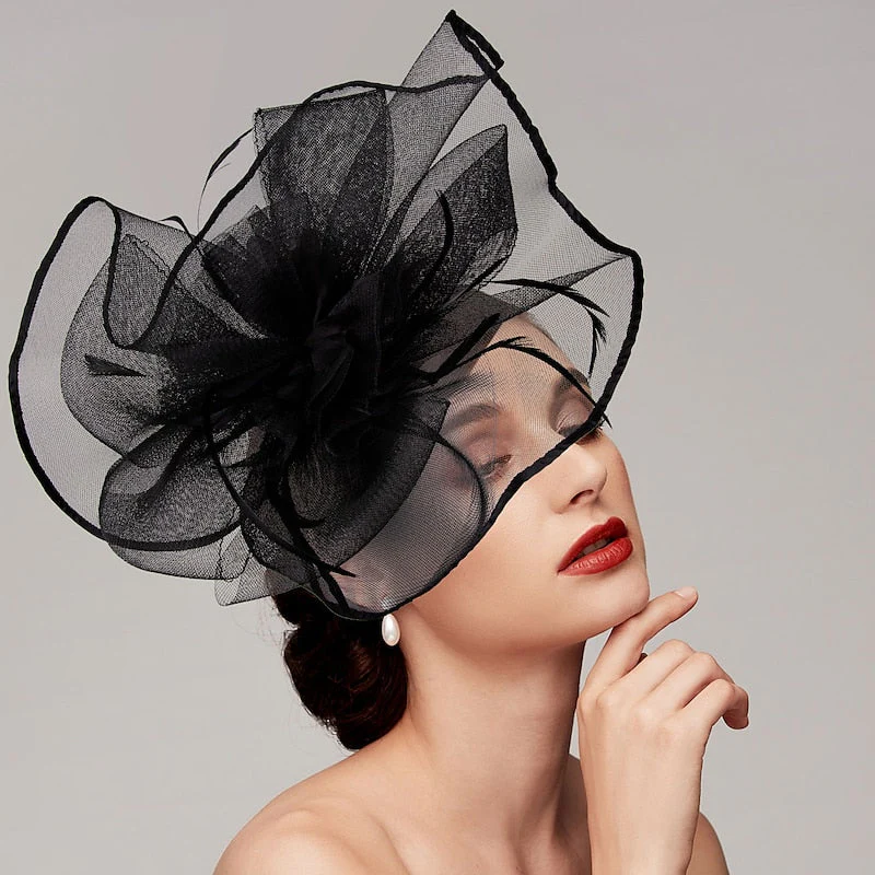 Elegant Net Saucer Hat Fascinator Hats Headpiece Flower Bow & Feather - 画像 (3)