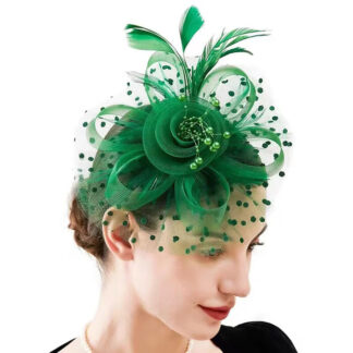 Retro Green Tea Party Cocktail Mesh Feather Flower Headband/Fascinator