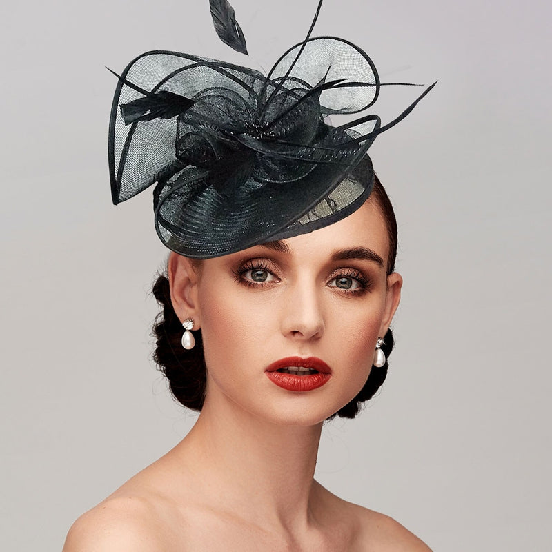 Women's Burgundy Net Wedding Party Ladies Day Feather Headpiece/Fascinator - 画像 (4)