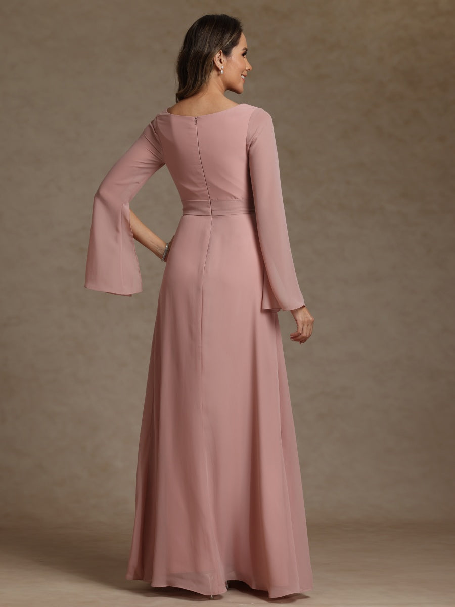 Sheath/Column V-Neck Long Sleeves Chiffon Mother of the Bride Dresses with Sash - 画像 (2)