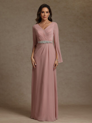 Sheath/Column V-Neck Long Sleeves Chiffon Mother of the Bride Dresses with Sash
