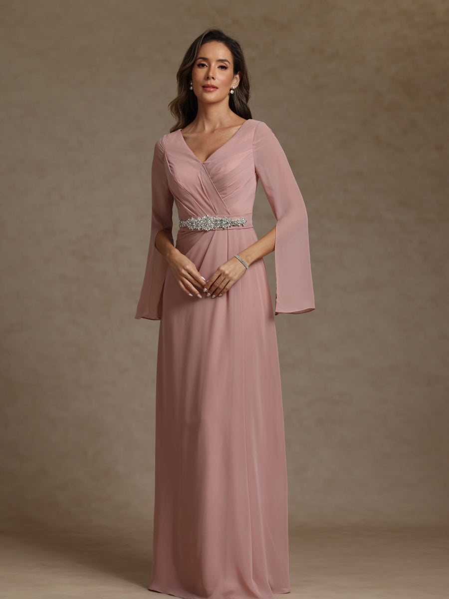 Sheath/Column V-Neck Long Sleeves Chiffon Mother of the Bride Dresses with Sash - 画像 (4)