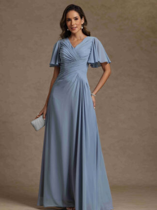 A-Line/Princess V-Neck Short Sleeves Ruched Long Mother of the Bride Dresses