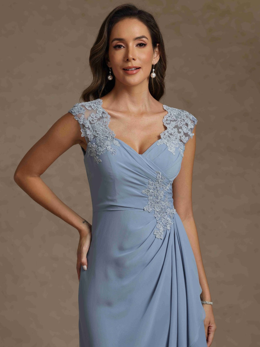 Sheath/Column V-Neck Sleeveless Ruched Long Mother of the Bride Dresses With Lace - 画像 (4)