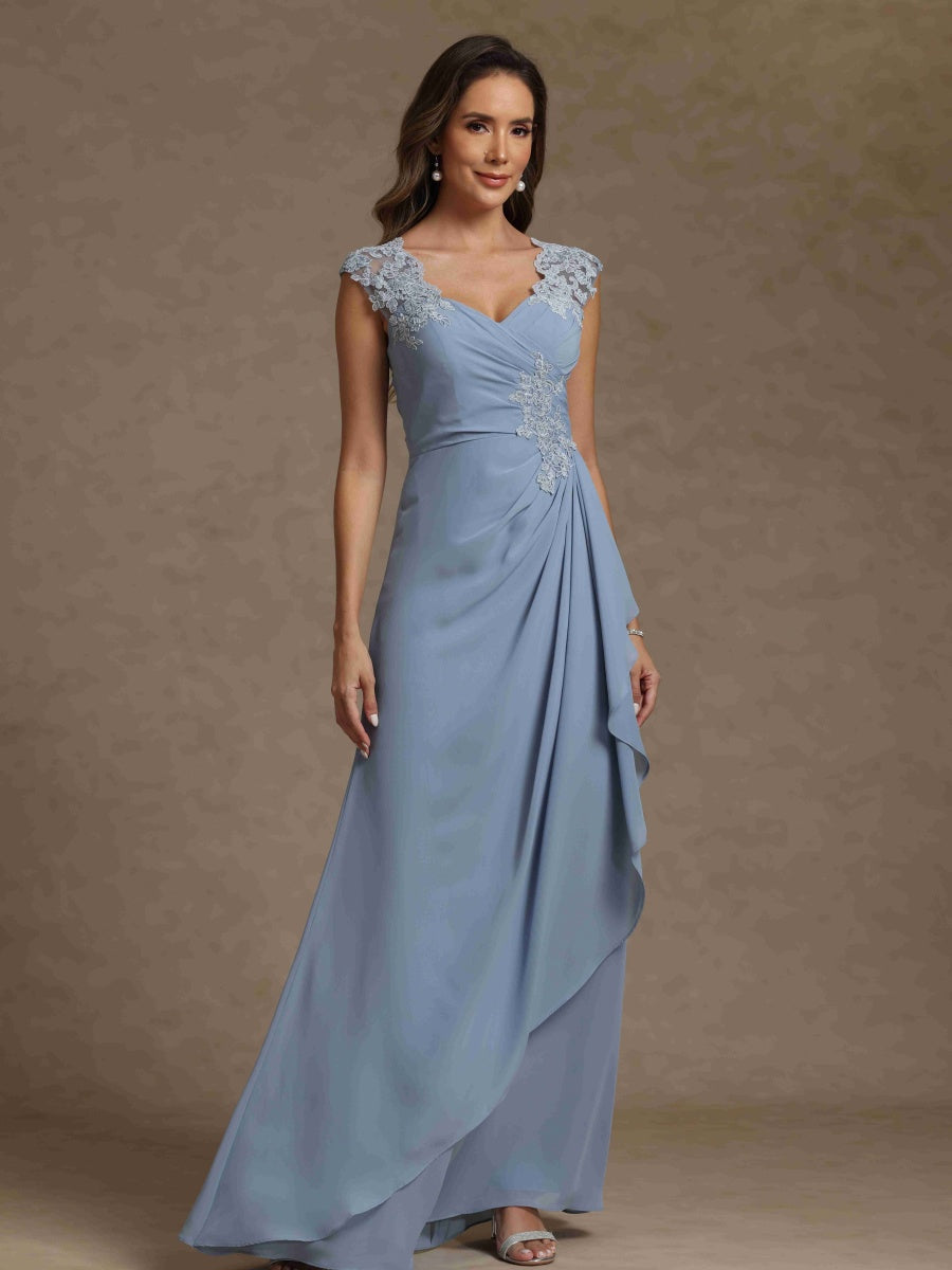 Sheath/Column V-Neck Sleeveless Ruched Long Mother of the Bride Dresses With Lace - 画像 (6)