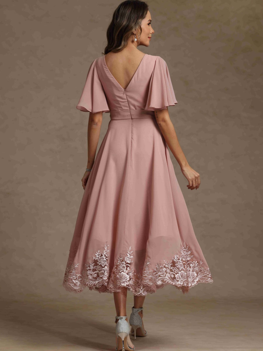 A-Line/Princess V Neck Short Sleeves Mother of the Bride Dresses With Beading & Lace - 이미지 5
