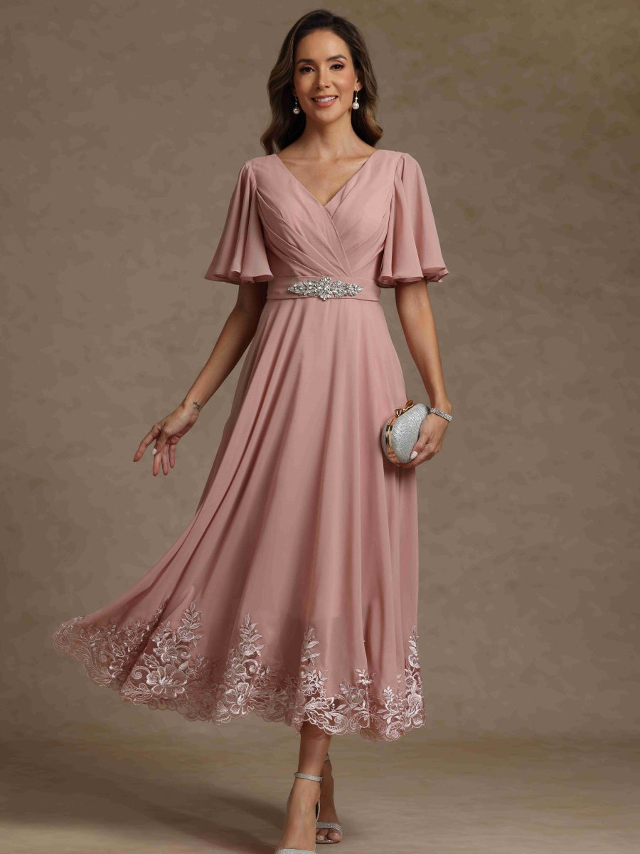 A-Line/Princess V Neck Short Sleeves Mother of the Bride Dresses With Beading & Lace - 이미지 3