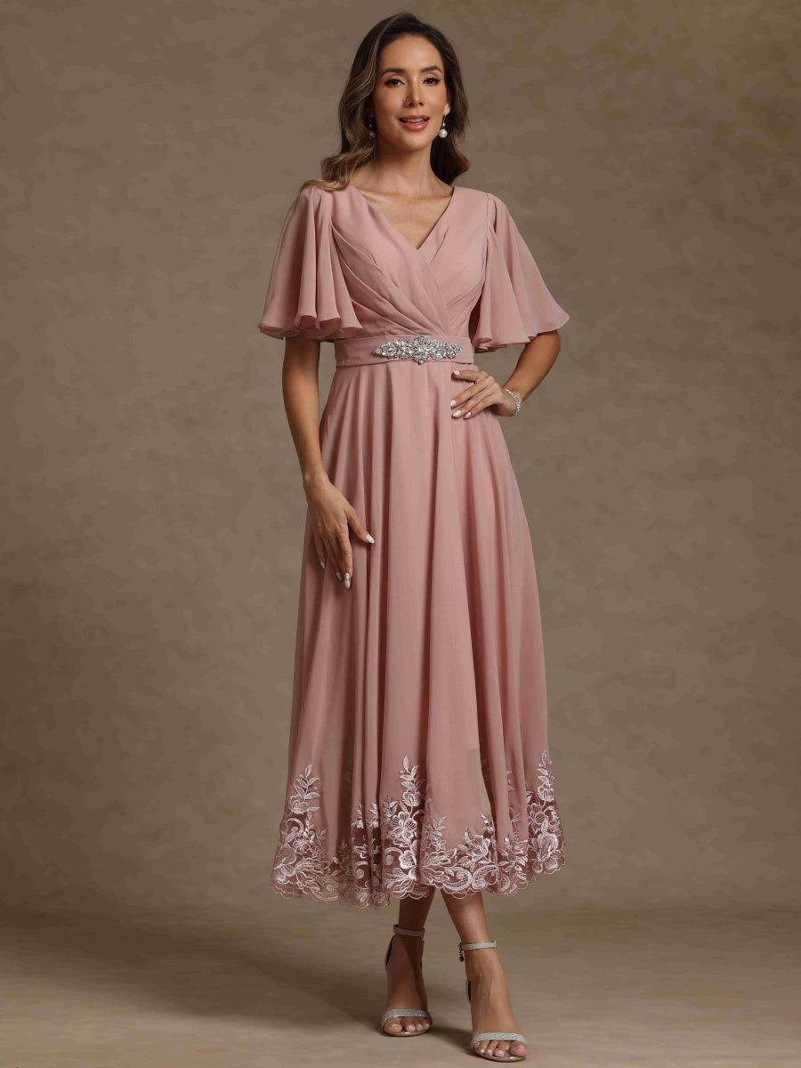 A-Line/Princess V Neck Short Sleeves Mother of the Bride Dresses With Beading & Lace - 이미지 2