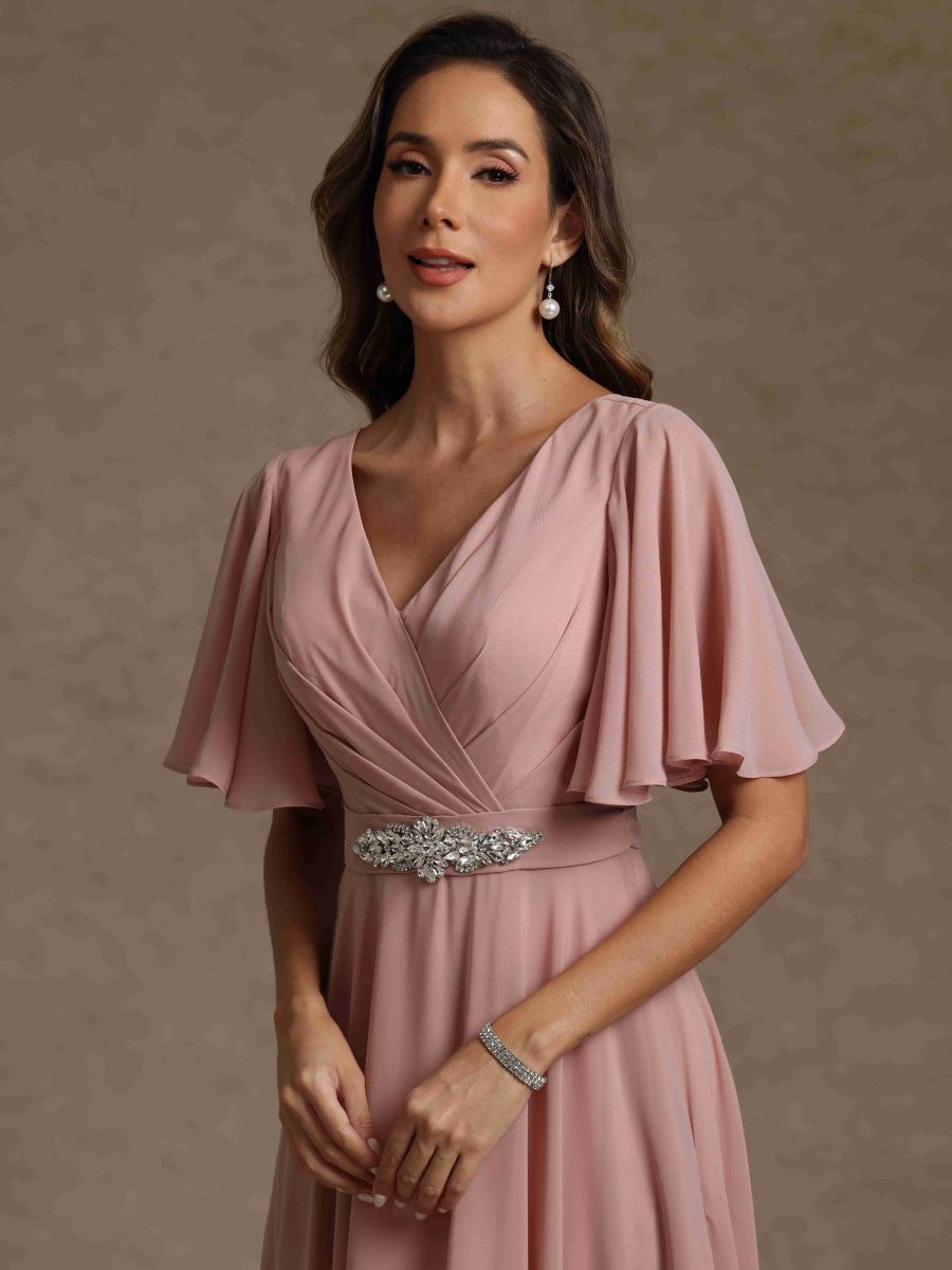 A-Line/Princess V Neck Short Sleeves Mother of the Bride Dresses With Beading & Lace - 이미지 6