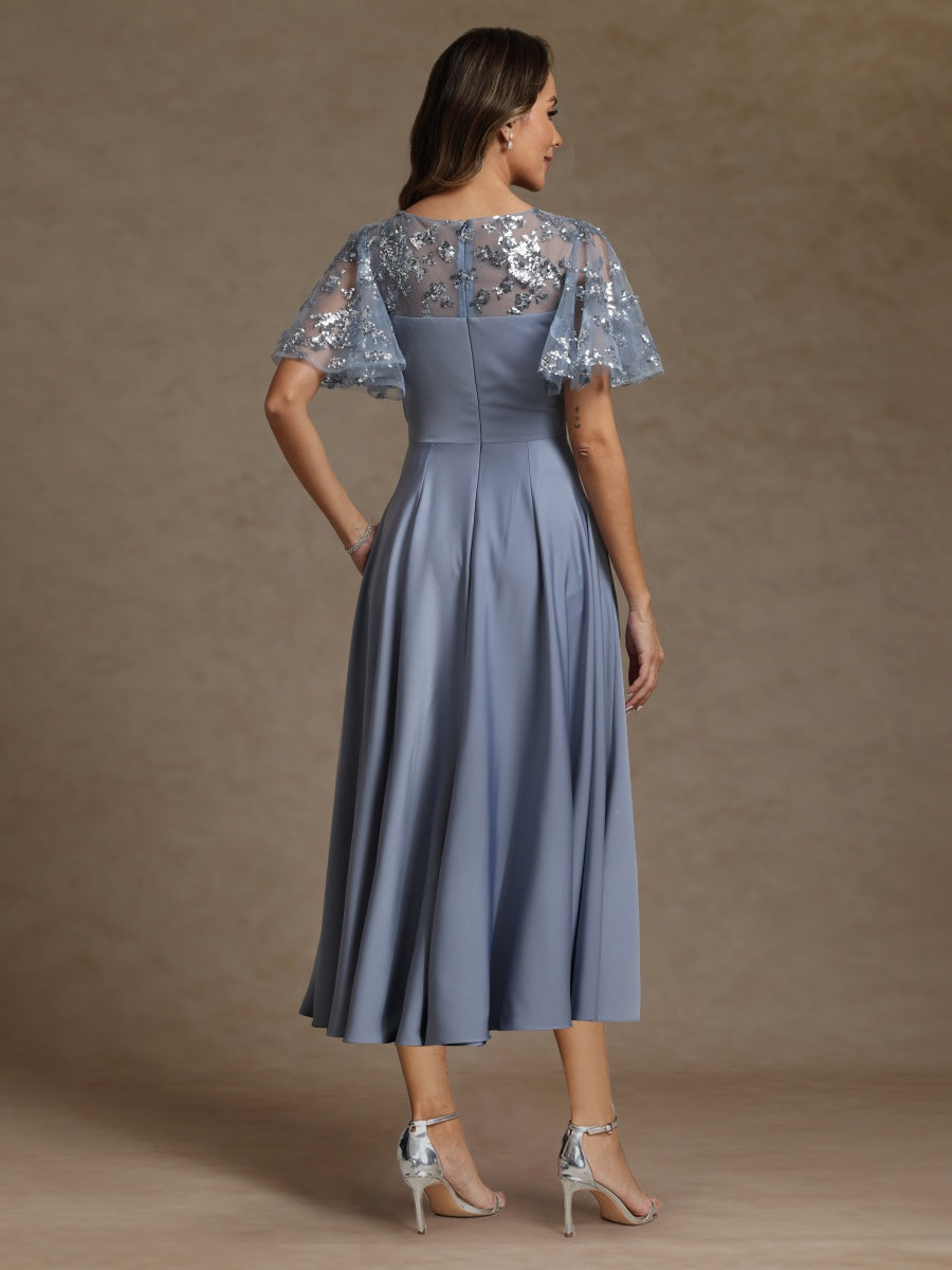 A-Line/Princess V-Neck Short Sleeves Mother of the Bride Dresses With Sash Applique - 画像 (2)
