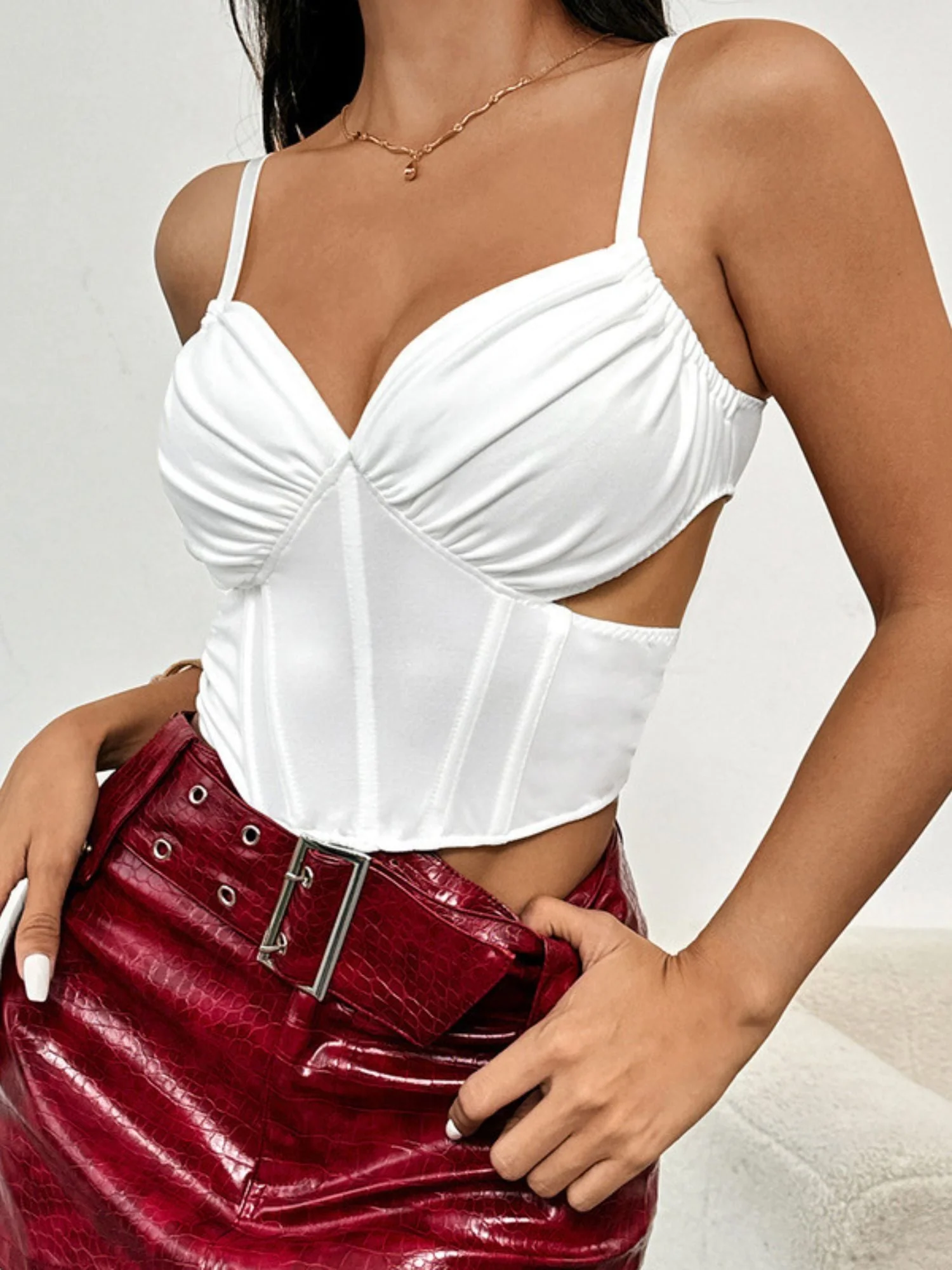 White Mesh Ruffle Cutout Corset Bra Shapewear - 画像 (5)
