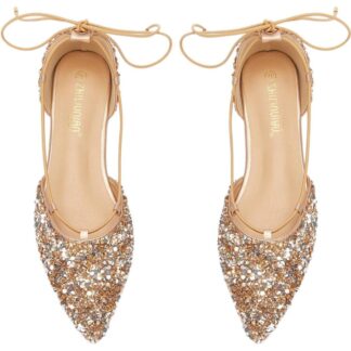 Women's Wedding Shoes Gold Pointed Toe Lace-up Flat Heel Bridal Shoes