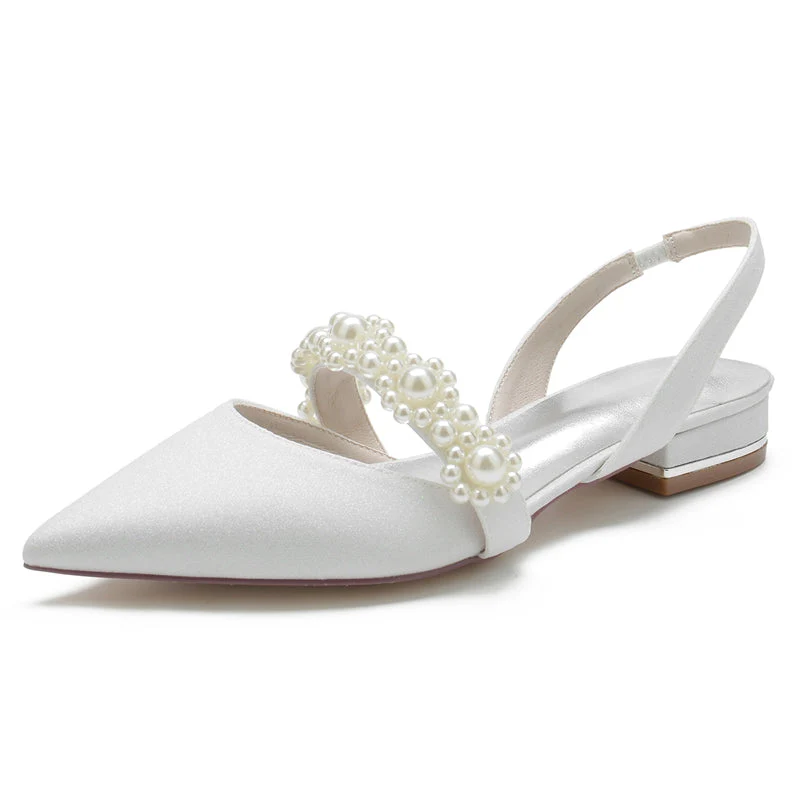 Women's Wedding Shoes Closed Toe Low Heel Sparkling Elegant Buckle Bridal Shoes with Pearls