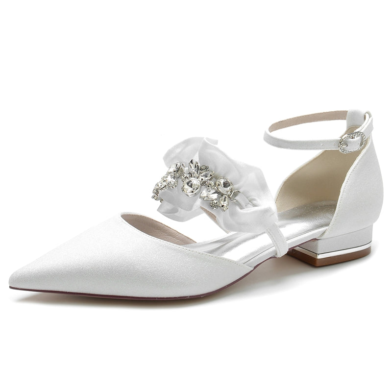 Women's Wedding Shoes Luxurious Pointed Toe Buckle Bridal Shoes with Rhinestone & Ruffles - Image 2
