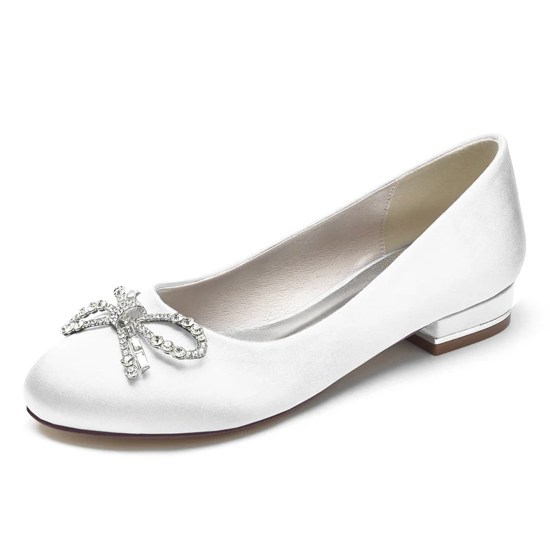 Women's Wedding Shoes Round Toe Flat Heel Elegant Bridal Shoes with Bow & Rhinestone - Image 8