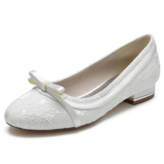 Women's Wedding Shoes White Round Toe Flat Heel Bowknot Elegant Bridal Shoes