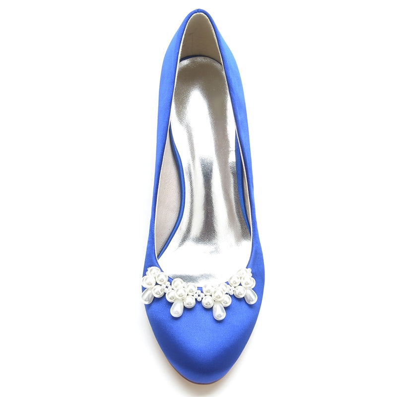 Women's Wedding Shoes Dark Blue Round Toe Delicate Pearl Elegant Bridal Shoes - Image 4