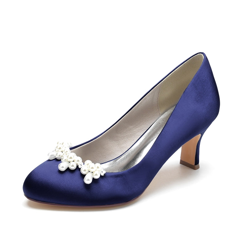 Women's Wedding Shoes Dark Blue Round Toe Delicate Pearl Elegant Bridal Shoes