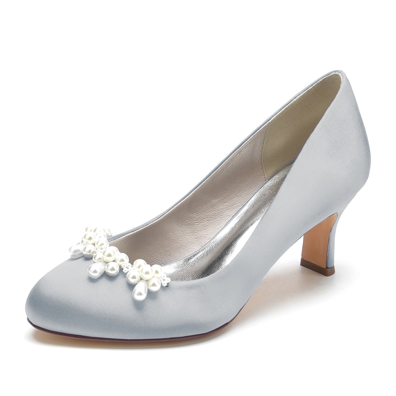 Women's Wedding Shoes Dark Blue Round Toe Delicate Pearl Elegant Bridal Shoes - Image 10