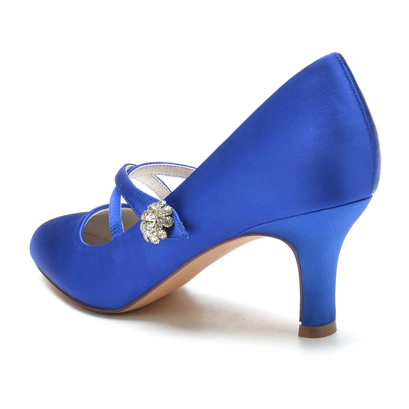Women's Wedding Shoes Round Toe Mid Heel Crossed Straps Stylish Bridal Shoes with Rhinestone - 이미지 5