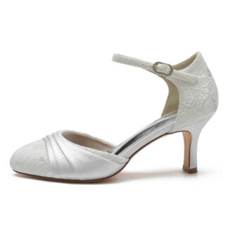 Women's Wedding Shoes Closed Toe Mid Heel Lace Exquisite Buckle Bridal Shoes with Ruffles