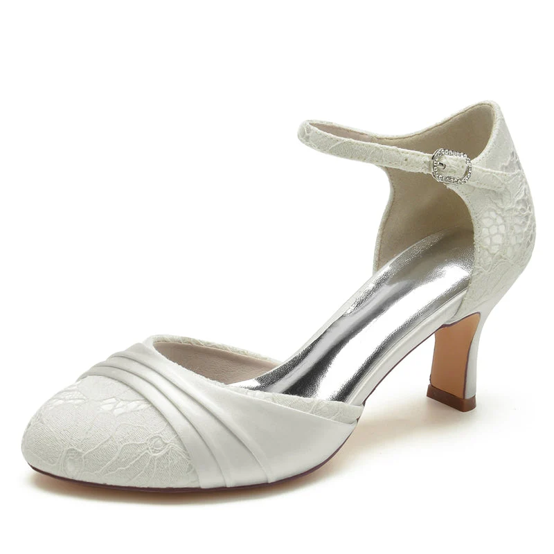 Women's Wedding Shoes Closed Toe Mid Heel Lace Exquisite Buckle Bridal Shoes with Ruffles - Image 7