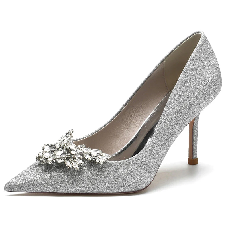 Women's Wedding Shoes White Pointed Toe High Heel Chic Bridal Shoes with Rhinestone - Image 6