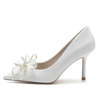 Women's Wedding Shoes White Closed Toe High Heel Bridal Shoes with Bow & Rhinestone