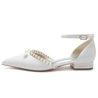 Women's Wedding Shoes White Point Toe Low Heel Buckle Bridal Shoes with Pearl & Bowknot