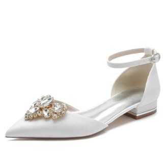 Women's Wedding Shoes Pointed Toe Flat Heel Elegant Buckle Bridal Shoes with Rhinestone