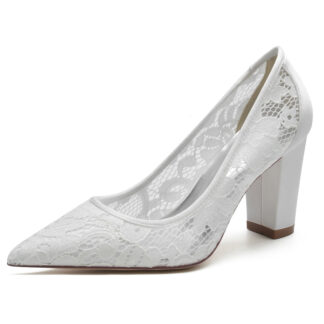 Women's Wedding Shoes White Pointed Toe Block Heel Lace Tulle Elegant Bridal Shoes