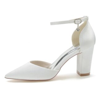 Women's Wedding Shoes Pointed Toe Block Heel Simple Buckle Bridal Shoes with Crystal Pendant