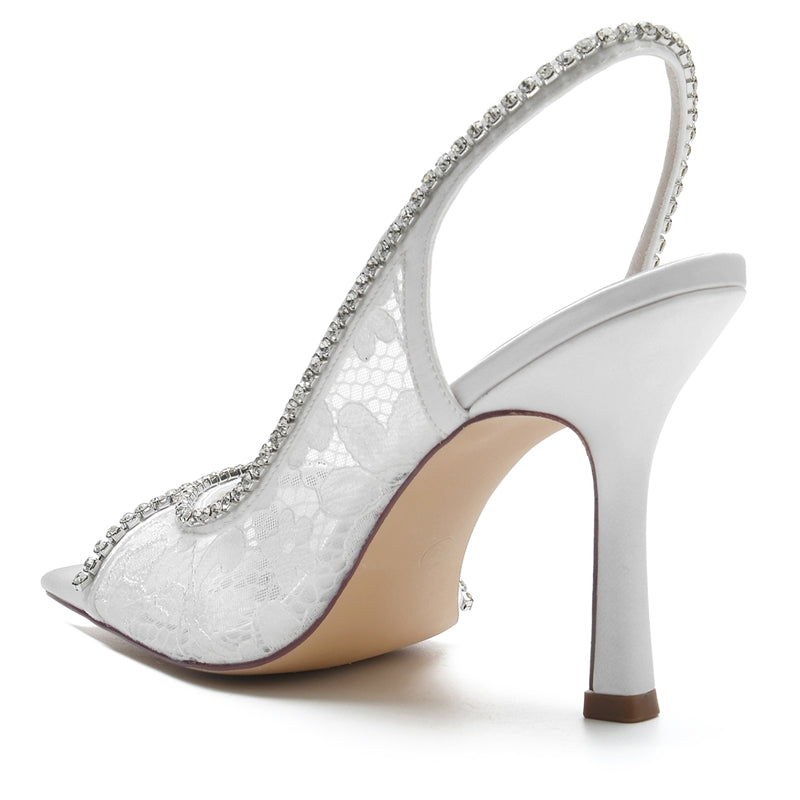 Women's Wedding Shoes Peep Toe Stiletto Heel Lace Chic Bridal Shoes with Curved Rhinestone - 画像 (5)