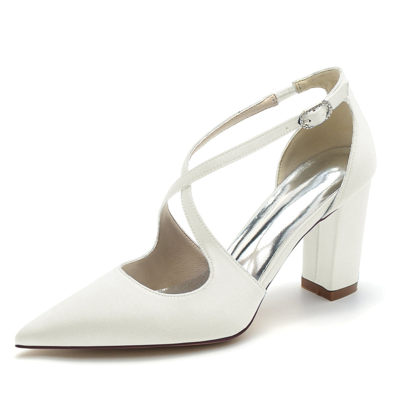 Women's Wedding Shoes Pointed Toe Block Heel Chic Bridal Shoes with Crossed Strap - 이미지 8