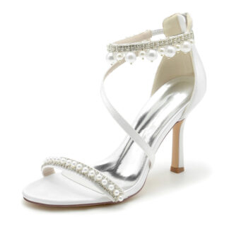 Women's Wedding Shoes White Opened Toe Crossed Strap Exquisite Buckle Bridal Shoes with Pearl