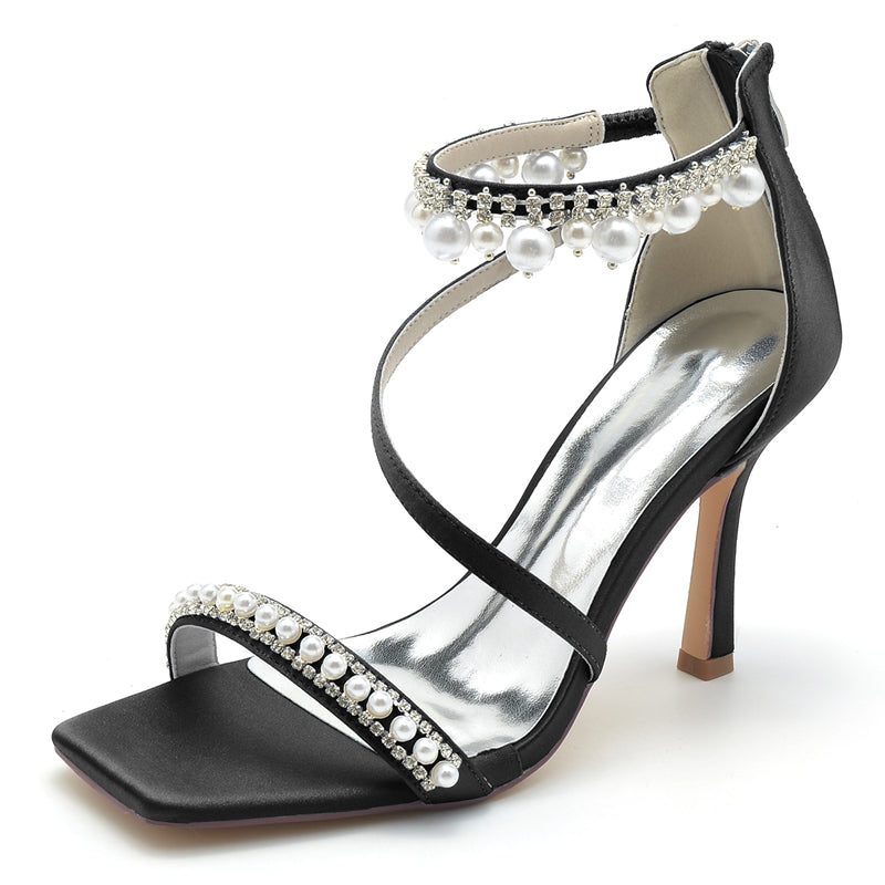 Women's Wedding Shoes Peep Toe High Heel Crossed Strap Buckle Bridal Shoes with Pearl - 画像 (13)