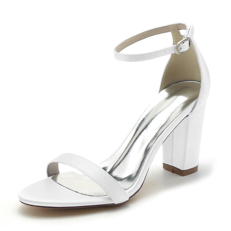 Women's Wedding Shoes Open Toe High Block Heel Simple Buckle Bridal Shoes - 이미지 7