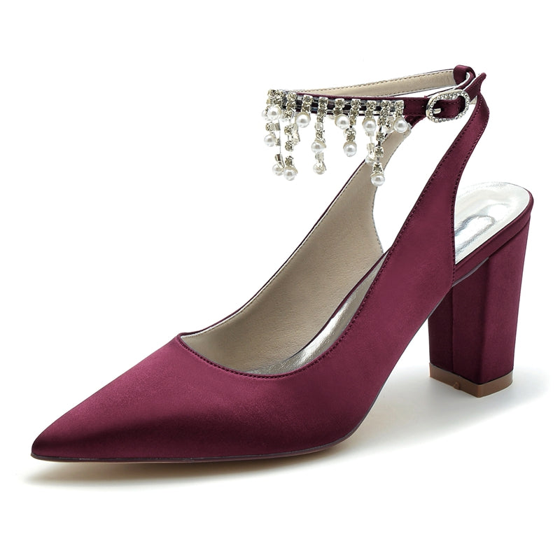Women's Wedding Shoes Pointed Toe Chunky Heel Chic Buckle Bridal Shoes with Pearl Tassel - 画像 (11)