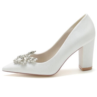 Women's Wedding Shoes Pointed Toe Chunky Heel Elegant Bridal Shoes with Delicate Rhinestone