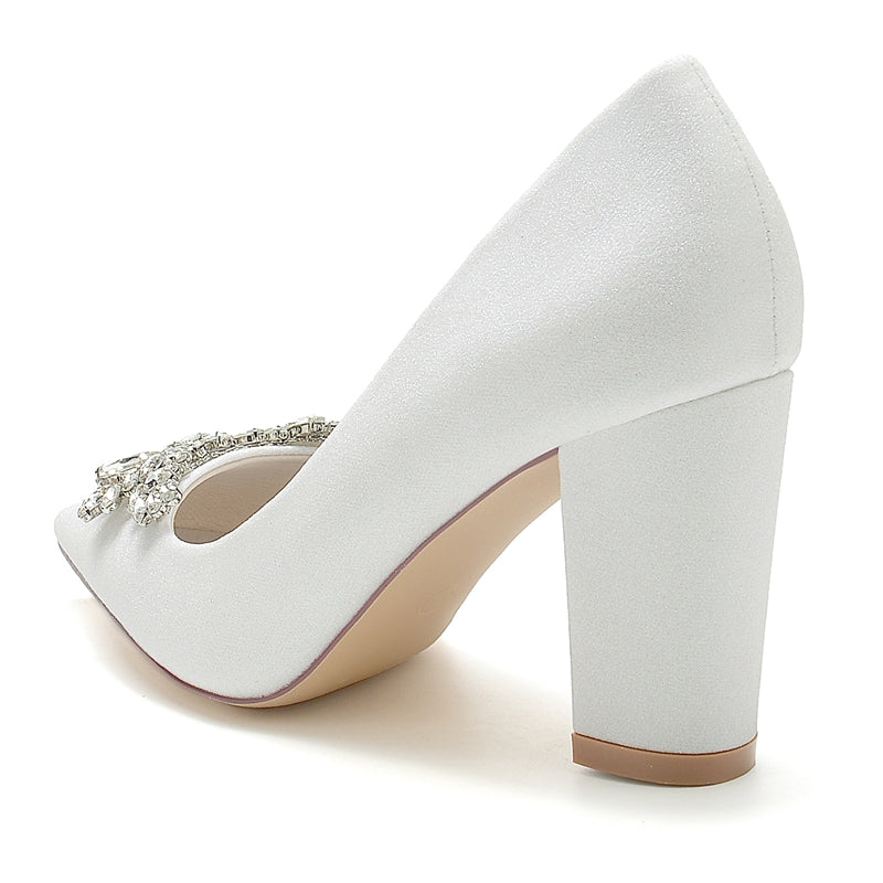 Women's Wedding Shoes Pointed Toe Chunky Heel Elegant Bridal Shoes with Delicate Rhinestone - Image 3