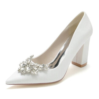 Women's Wedding Shoes Pointed Toe Chunky Heel Elegant Bridal Shoes with Delicate Rhinestone