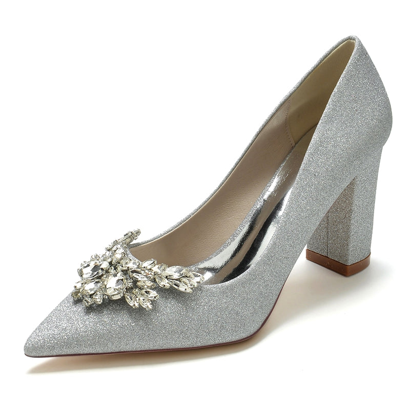Women's Wedding Shoes Pointed Toe Chunky Heel Elegant Bridal Shoes with Delicate Rhinestone - Image 5