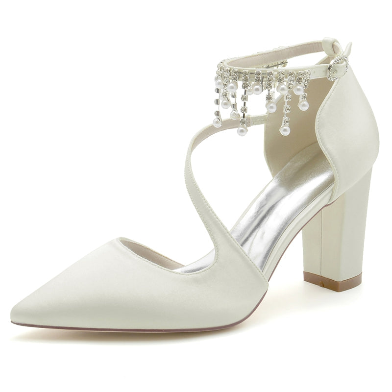 Women's Wedding Shoes Pointed Toe Crossed Strap Buckle Bridal Shoes with Pearl Tassels - 画像 (8)