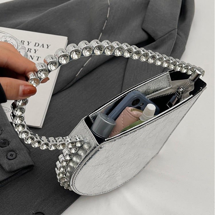 Silver Sweet Heart PU Fashion High-End Evening Clutch Bag with Rhinestone - Image 2