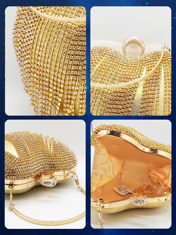 Gold Elegant Heart PU High-End Evening Clutch Bag with Rhinestone & Tassels - Image 4