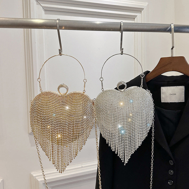 Gold PVC High-End Elegant Heart Daily Wedding Party Clutch Bag with Crystal Tassel - Image 4