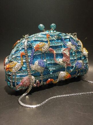 Women's Flamingo Metal Evening Party Clutch Bag with Fully Rhinestones