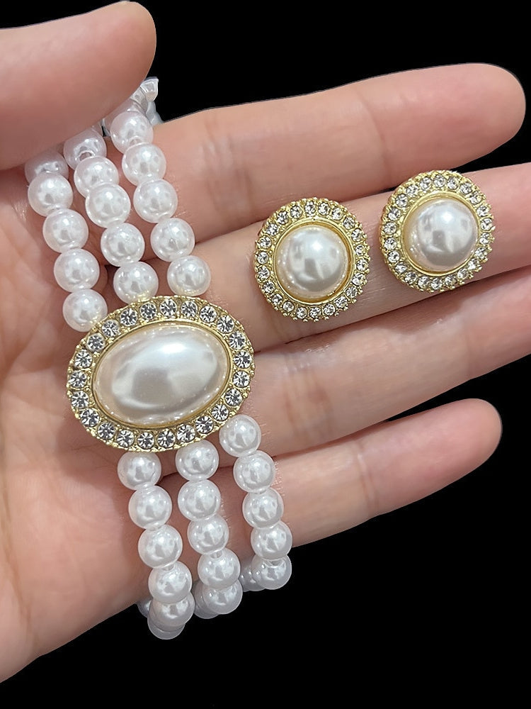1 set Imitation Pearl Rhinestone Jewelry Earrings Necklace For Women's Wedding Gemstone Pendant Necklace Set - Image 2
