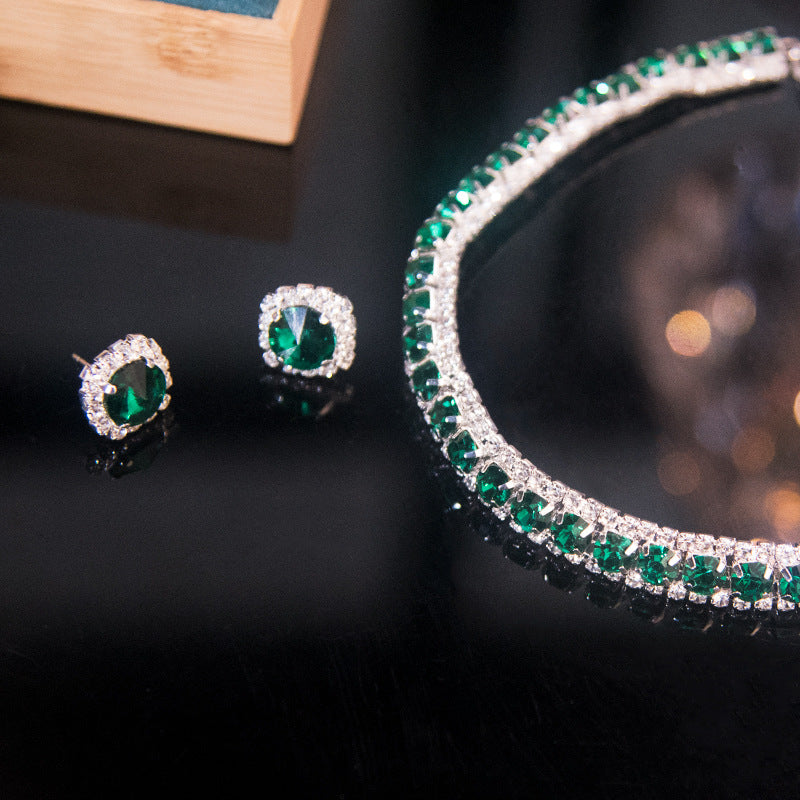 1 set 3 Pieces Minimalist Rhinestone Green Earrings Necklace - Image 4