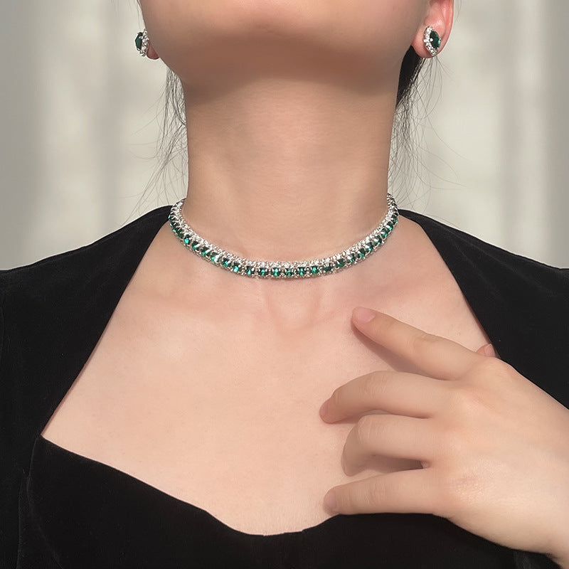 1 set 3 Pieces Minimalist Rhinestone Green Earrings Necklace - Image 5